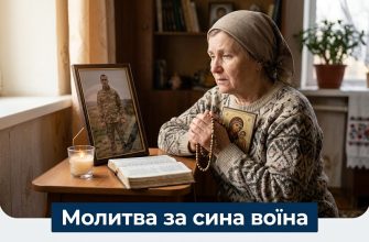 Мати молиться за сина на війні перед іконою зі свічкою