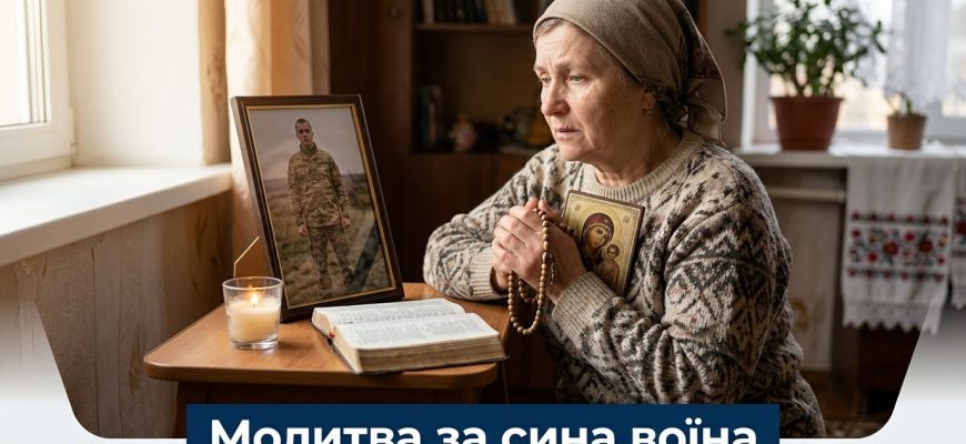 Мати молиться за сина на війні перед іконою зі свічкою