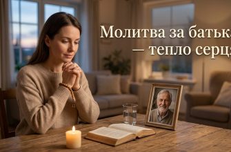 Людина молиться за батька, склавши руки в молитві, на фоні світанкового неба