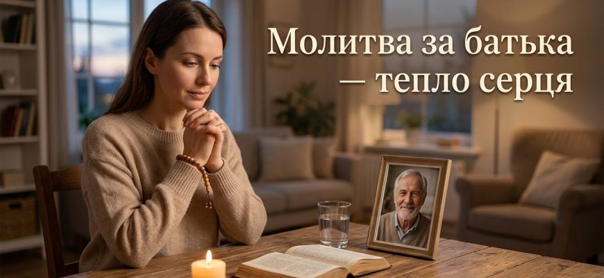 Людина молиться за батька, склавши руки в молитві, на фоні світанкового неба