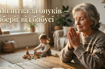 Бабуся молиться за онуків біля ікони зі свічкою