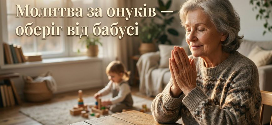 Бабуся молиться за онуків біля ікони зі свічкою