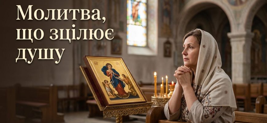 Жінка молиться перед іконою Богородиці зі свічкою в руках